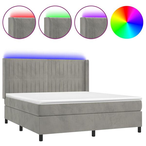 vidaXL Cama box spring colch&oacute;n y LED terciopelo gris claro 180x200 cm