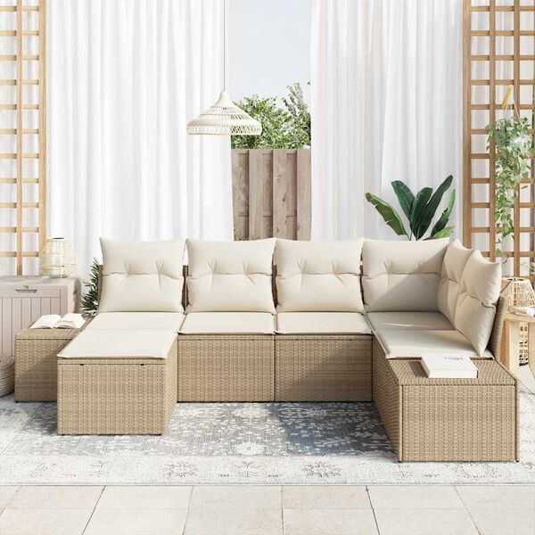 vidaXL Conjunto de sof&aacute; de jard&iacute;n 6 pcs Beige y Crema rat&aacute;n sint&eacute;tico