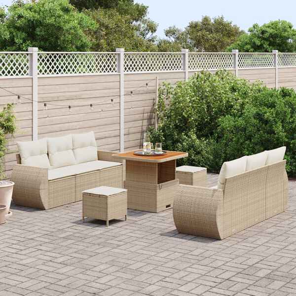 vidaXL Conjunto de sof&aacute; de jard&iacute;n 9 pcs Beige y Crema rat&aacute;n sint&eacute;tico