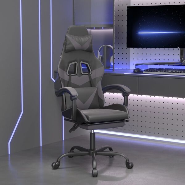 vidaXL Silla gaming giratoria y reposapi&eacute;s cuero sint&eacute;tico negro gris