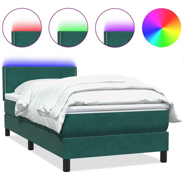 vidaXL Cama box spring con colch&oacute;n y LED terciopelo verde oscuro 80x210 cm