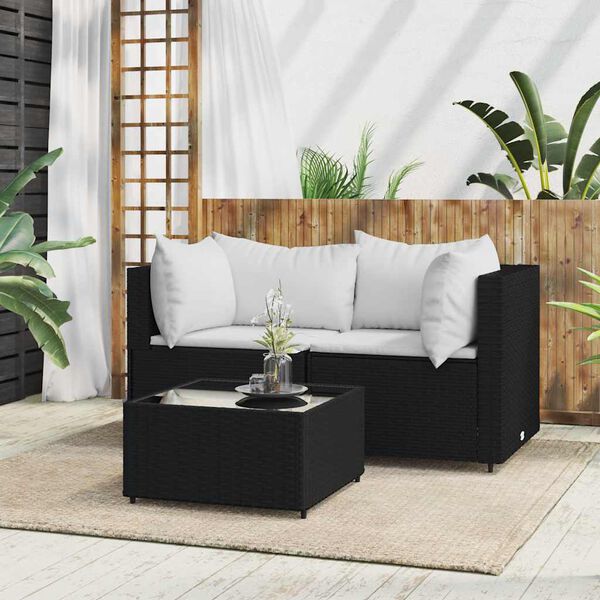 vidaXL Set de muebles de jard&iacute;n 3 pzas y cojines rat&aacute;n sint&eacute;tico negro