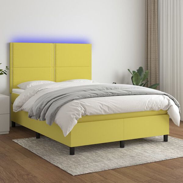 vidaXL Cama box spring colch&oacute;n y luces LED tela verde 140x190 cm