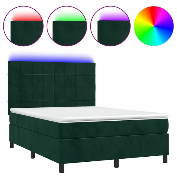 vidaXL Cama box spring colch&oacute;n y LED terciopelo verde oscuro 140x190cm