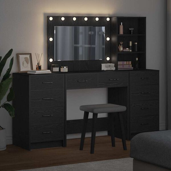 vidaXL Mesa Tocador con caj&oacute;n 3 pcs Roble Negro Madera de ingenier&iacute;a