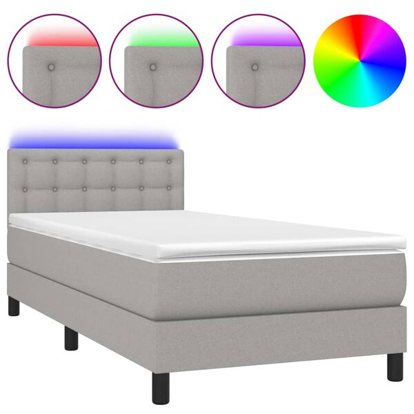 vidaXL Cama box spring colch&oacute;n y luces LED tela gris claro 90x200 cm