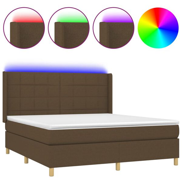 vidaXL Cama box spring colch&oacute;n luces LED tela marr&oacute;n oscuro 160x200cm