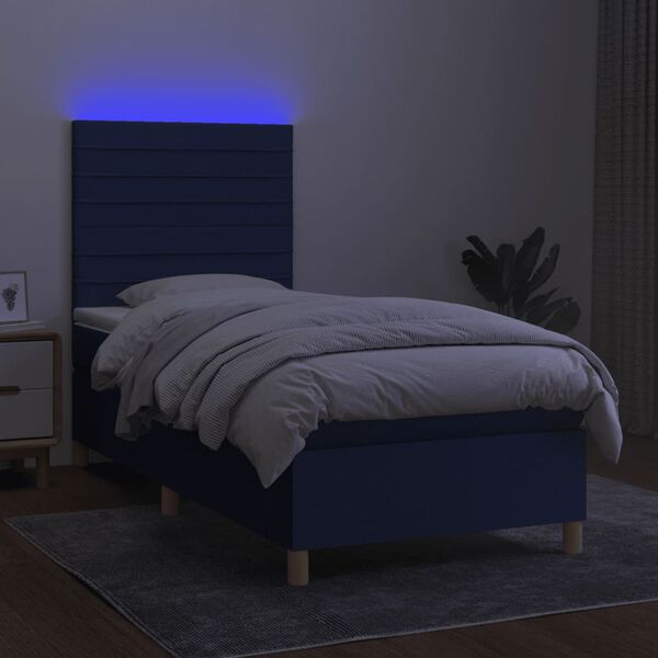 vidaXL Cama box spring colch&oacute;n y luces LED tela azul 100x200 cm