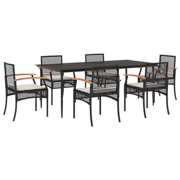 vidaXL Set de comedor de jard&iacute;n 7 pzas y cojines rat&aacute;n sint&eacute;tico negro