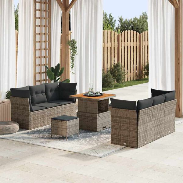 vidaXL Conjunto de sof&aacute; de jard&iacute;n con coj&iacute;n 9 pcs Gris rat&aacute;n sint&eacute;tico