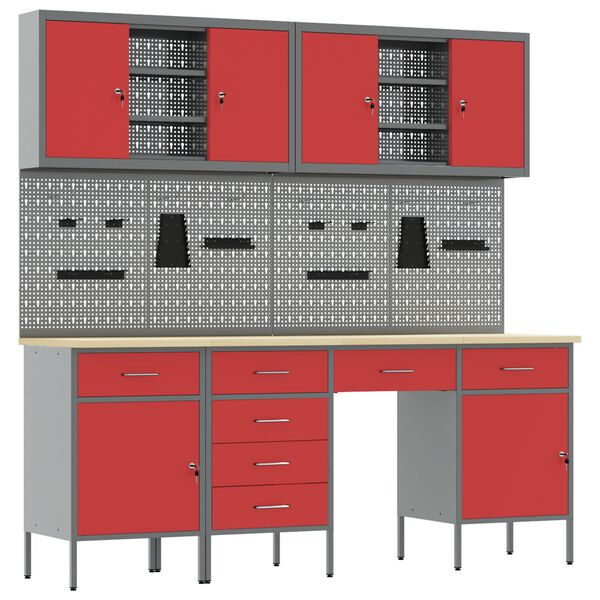 vidaXL Banco de trabajo con cajón 10 pcs Rojo 200 x 55 x 200 cm Acero