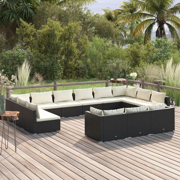vidaXL Set de muebles de jard&iacute;n 13 pzas cojines rat&aacute;n sint&eacute;tico negro