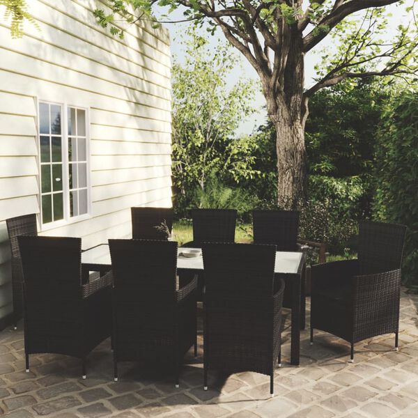 vidaXL Set comedor de jard&iacute;n 9 piezas y cojines rat&aacute;n sint&eacute;tico negro