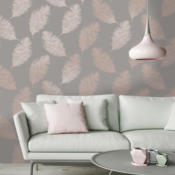 DUTCH WALLCOVERINGS Papel pintado Fawning Feather gris y oro rosa