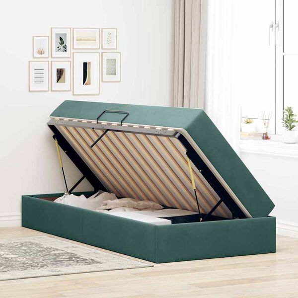 vidaXL Cama con almacenamiento y colch&oacute;n Verde oscuro 90 x 190 cm