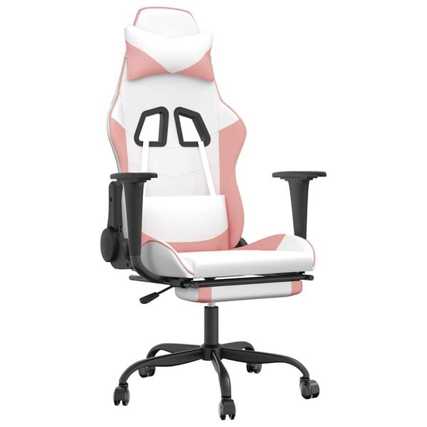 vidaXL Silla gaming masaje y reposapiés cuero sintético blanco y rosa