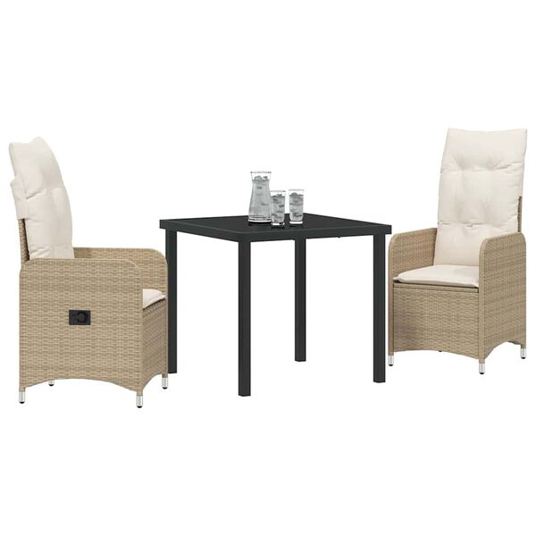 vidaXL Conjunto de Comedor de Jardín con cojín 3 pcs Beige Poliratán