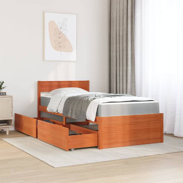 vidaXL Cama con cajones y colch&oacute;n madera pino marr&oacute;n cera 90x190 cm