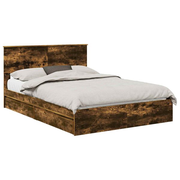 vidaXL Cama con almacenamiento con cabecera Roble ahumado 135 x 190 cm