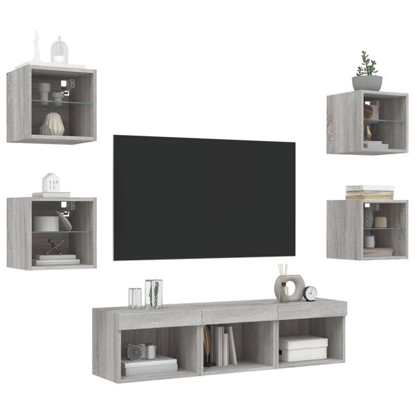 vidaXL Muebles TV pared con LED 7 pzas madera ingeniería gris Sonoma