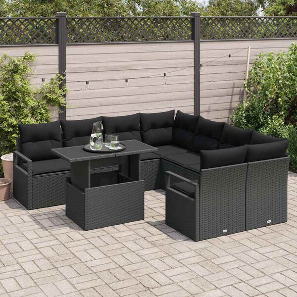 vidaXL Conjunto de sof&aacute; de jard&iacute;n 9 pcs Negro rat&aacute;n sint&eacute;tico