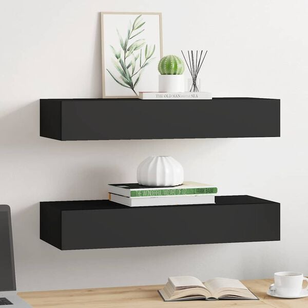 vidaXL Estantes de pared con caj&oacute;n 2 uds MDF negro 60x23,5x10 cm