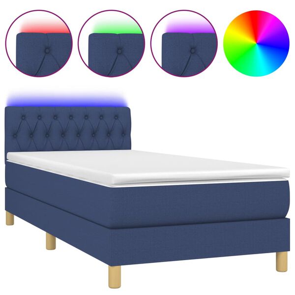 vidaXL Cama box spring con colch&oacute;n y LED tela azul 90x190 cm