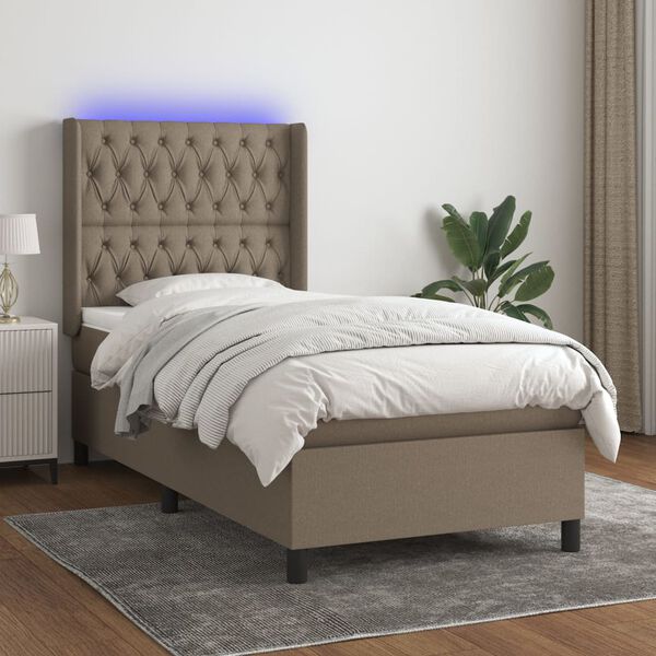 vidaXL Cama box spring colch&oacute;n y luces LED tela gris taupe 90x200 cm