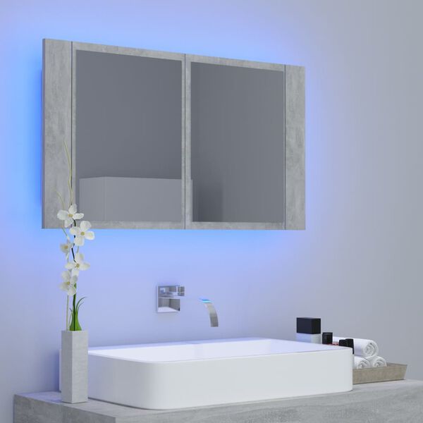 vidaXL Armario espejo baño luz LED acrílico gris hormigón 80x12x45 cm