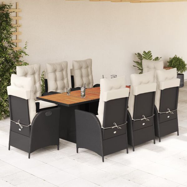 vidaXL Set de comedor de jard&iacute;n 9 pzas y cojines rat&aacute;n sint&eacute;tico negro