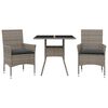 vidaXL Set comedor jard&iacute;n 3 pzas y cojines rat&aacute;n sint&eacute;tico vidrio gris