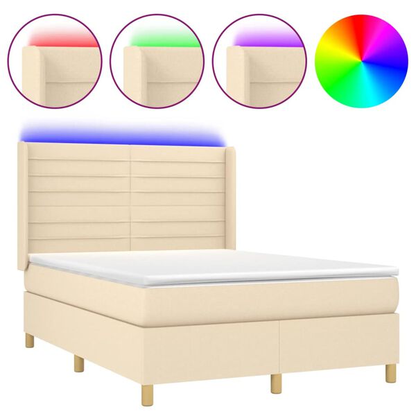 vidaXL Cama box spring colch&oacute;n y luces LED tela crema 140x190 cm
