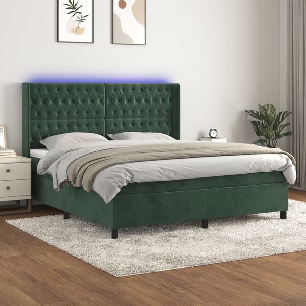 vidaXL Cama box spring colch&oacute;n y LED terciopelo verde oscuro 160x200cm