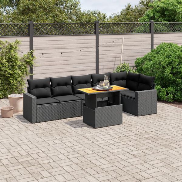 vidaXL Set de comedor de jard&iacute;n 7 pzas y cojines rat&aacute;n sint&eacute;tico negro