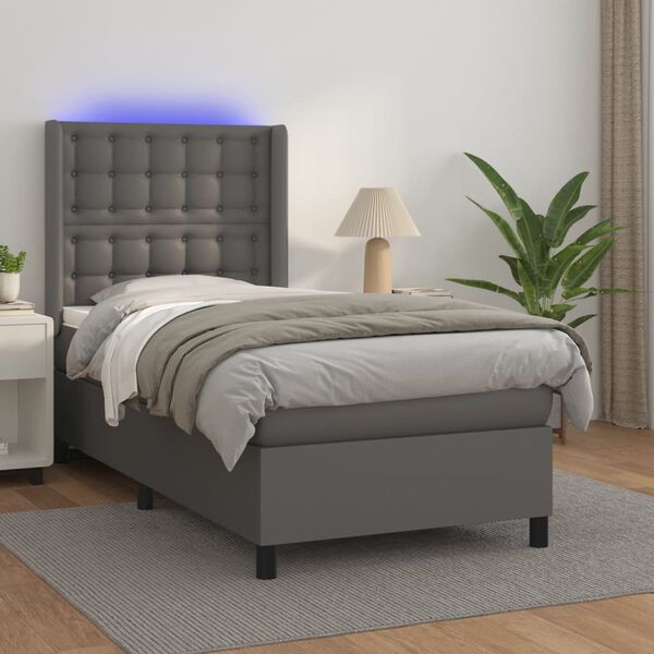 vidaXL Cama box spring y colch&oacute;n LED cuero sint&eacute;tico gris 90x200 cm
