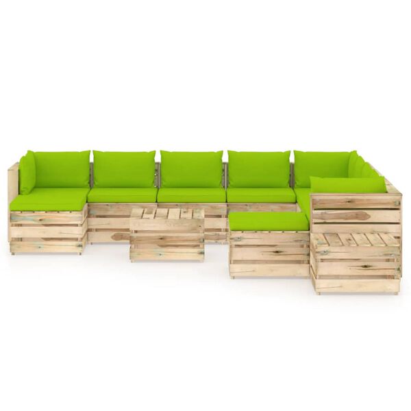 vidaXL Muebles de jard&iacute;n 12 piezas con cojines madera impregnada verde