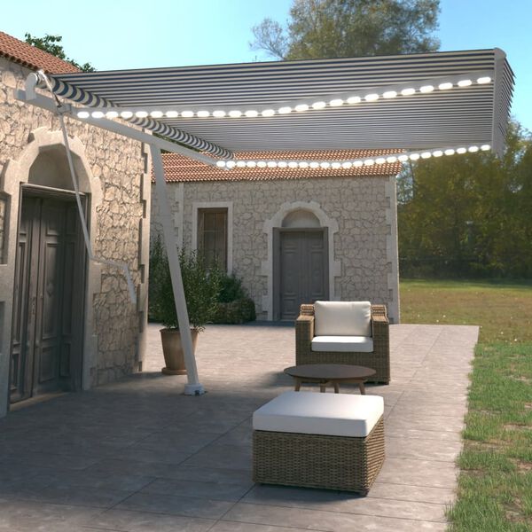 vidaXL Toldo autom&aacute;tico LED sensor de viento azul y blanco 450x350 cm