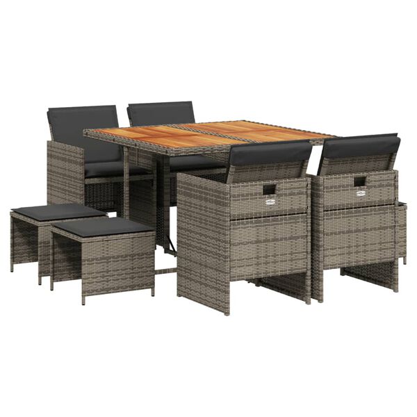 vidaXL Set comedor jard&iacute;n 9 pzas y cojines rat&aacute;n sint&eacute;tico gris