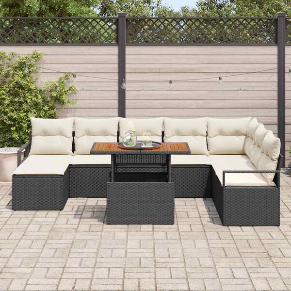 vidaXL Conjunto de sof&aacute; de jard&iacute;n con coj&iacute;n 9 pcs Negro y crema