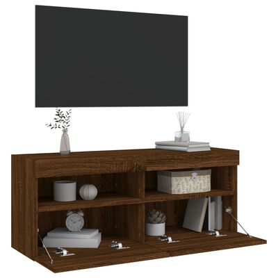 vidaXL Mueble de TV de pared con luces LED roble marrón 100x30x40 cm