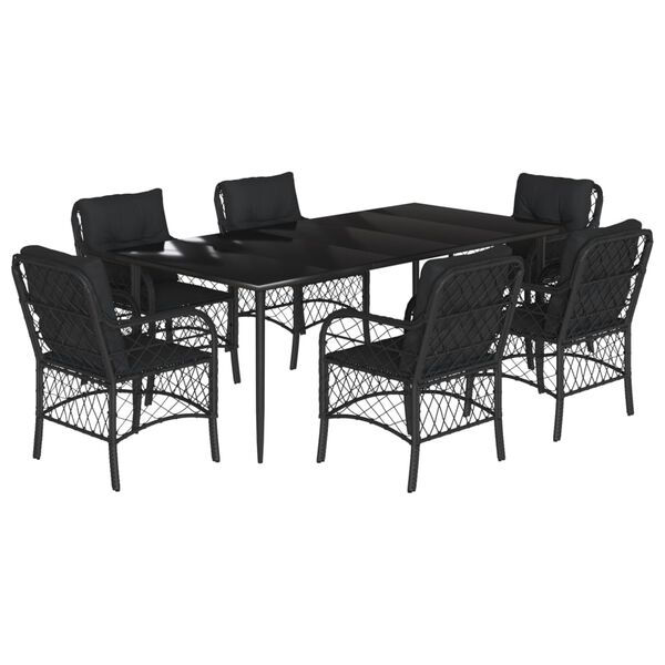 vidaXL Set de comedor de jard&iacute;n 7 pzas y cojines rat&aacute;n sint&eacute;tico negro