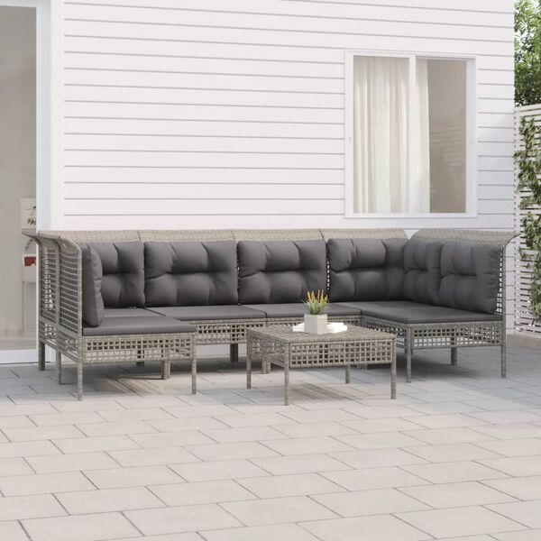 vidaXL Set de muebles de jard&iacute;n 7 pzas y cojines rat&aacute;n sint&eacute;tico gris