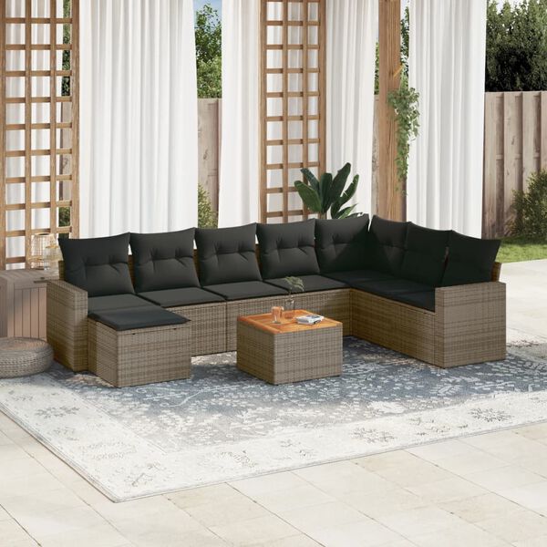 vidaXL Set de muebles de jard&iacute;n 9 pzas y cojines rat&aacute;n sint&eacute;tico gris