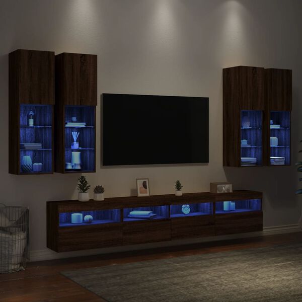 vidaXL Muebles de TV de pared con luces LED 7 piezas marr&oacute;n roble