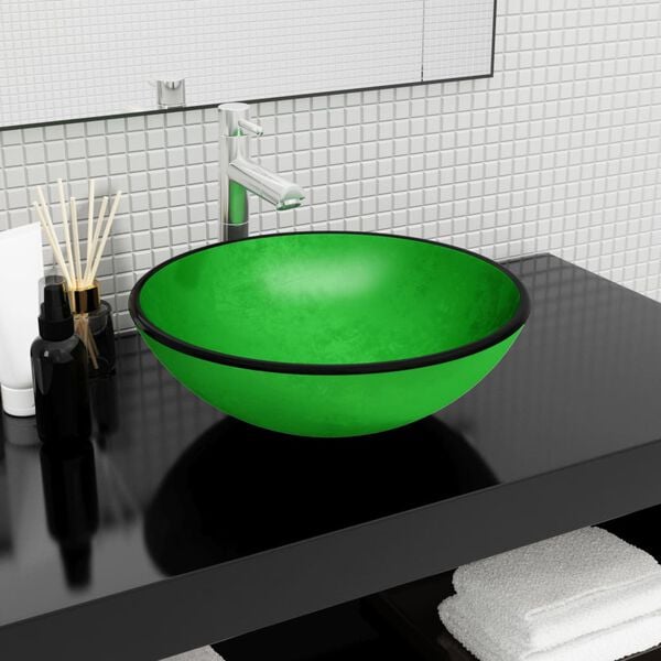 vidaXL Lavabo de vidrio templado verde 42x14 cm