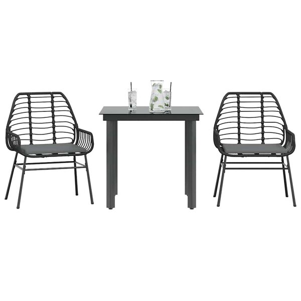 vidaXL Set comedor jardín 3 pzas cojines ratán sintético vidrio negro