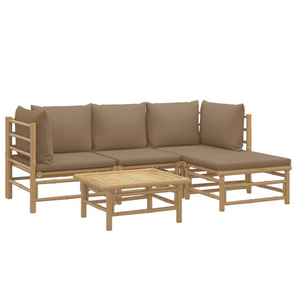 vidaXL Set de muebles de jard&iacute;n 5 piezas bamb&uacute; y cojines gris taup&eacute;