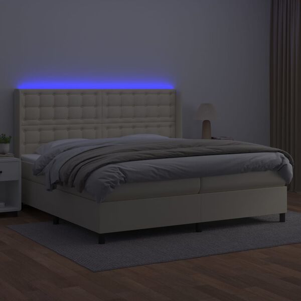 vidaXL Cama box spring colch&oacute;n y LED cuero sint&eacute;tico crema 200x200 cm