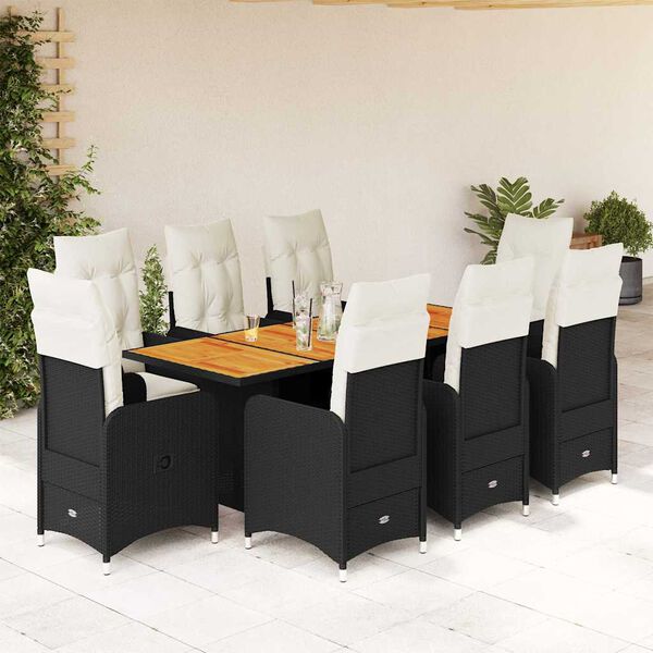 vidaXL Set de mesa y sillas de jard&iacute;n 9 pzas y cojines rat&aacute;n PE negro