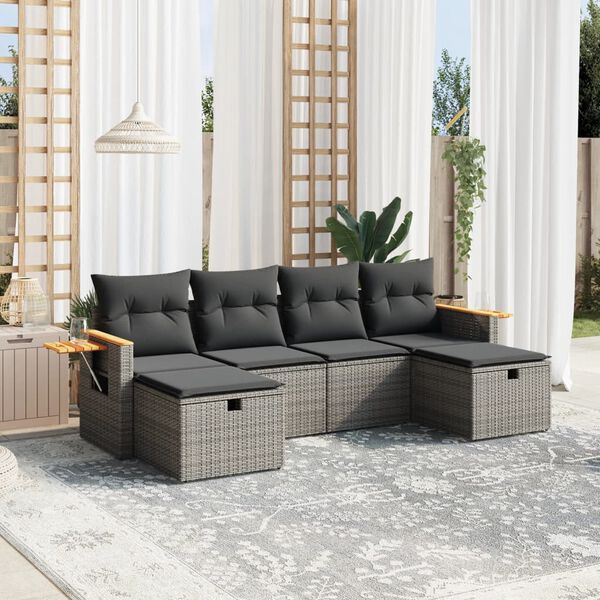 vidaXL Set de muebles de jard&iacute;n 6 pzas y cojines rat&aacute;n sint&eacute;tico gris